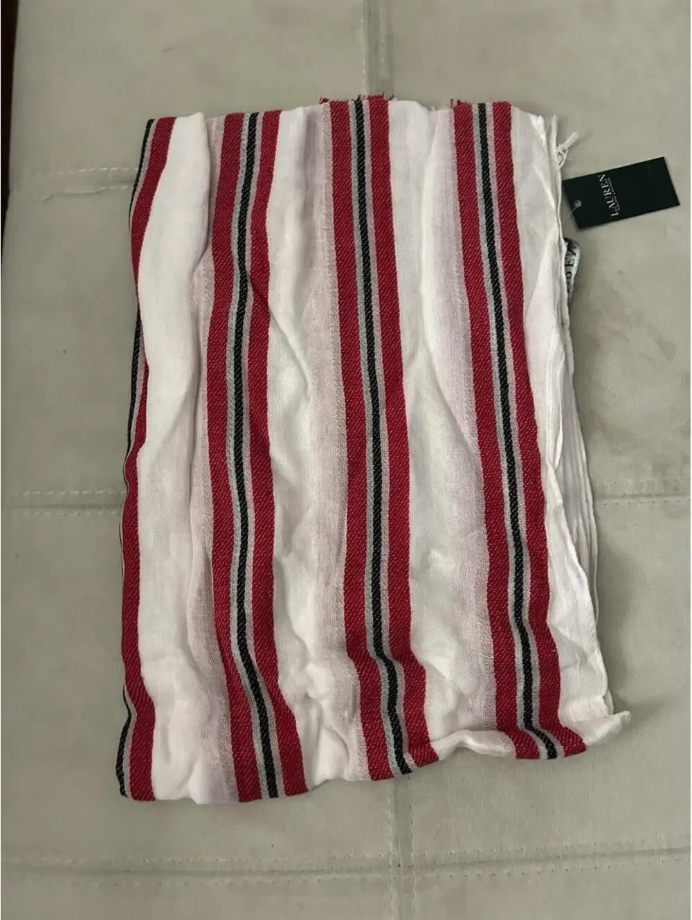 NWT Lauren Ralph Lauren red, white, and black striped fringe scarf